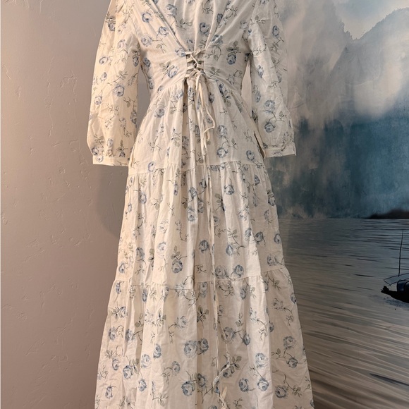 Women's White Floral V-Neck Tiered Maxi Dress #130 - Picture 5 of 10